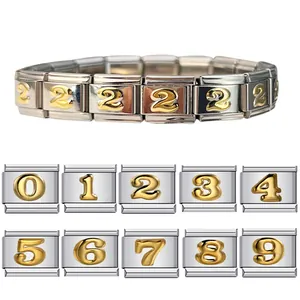 Macro view showing DIY Italian modular bracelet links with golden Arabic numbers zero to nine