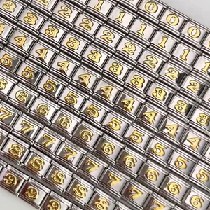Detail view of gold-plated Arabic number charms for stainless steel Italian modular bracelets