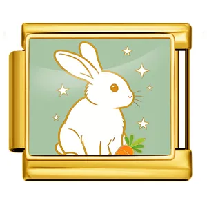 Vista detallada de un charm italiano con un lindo conejo blanco y diseño de zanahoria