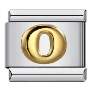 Detailed view of silver stainless steel Italian charm link with gold letter O