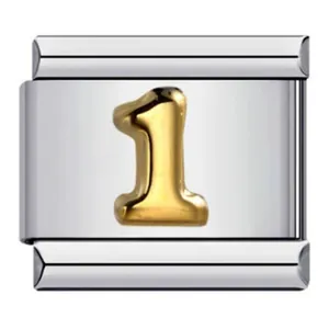 Modular stainless steel bracelet link with gold-plated numeral 1 charm detail