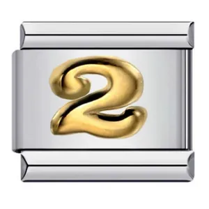 Detailed macro view of a gold-plated number 2 on a stainless steel Italian modular charm