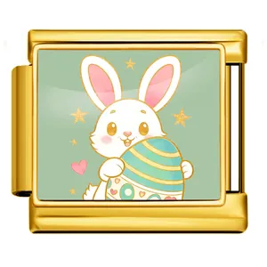 Eslabón de pulsera italiana con conejo de Pascua en acero inoxidable dorado para joyería DIY