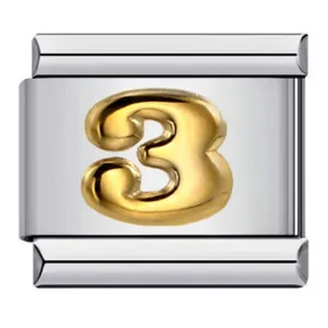 Detail of stainless steel Italian charm bracelet link with gold numeral 3