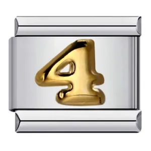Detailed view of stainless steel Italian modular charm featuring gold-plated number 4