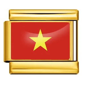 Vue détaillée d'un maillon de bracelet italien doré avec le drapeau du Vietnam