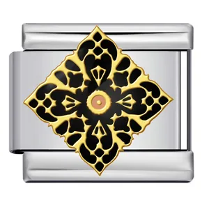 Close-up of vintage style gold-plated Italian modular charm link with black enamel detail
