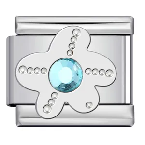 Premium Italian charm link with blue crystal star design in polished stainless steel.