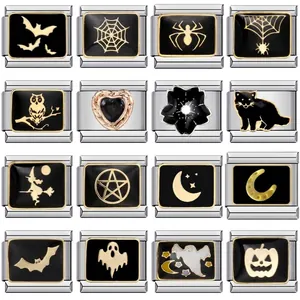 Stainless Steel Italian Charm Bracelet Links Halloween Gothic Spider Bat Ghost Pumpkin Owl Pattern Enamel Charm Bracelet Connectors For Men Women Jewelry