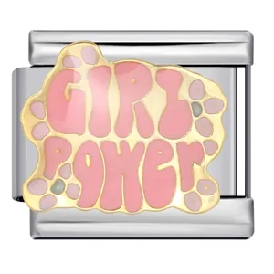 Italienisches Modul-Charm aus Edelstahl mit rosa und goldener Girl Power Emaille-Verzierung