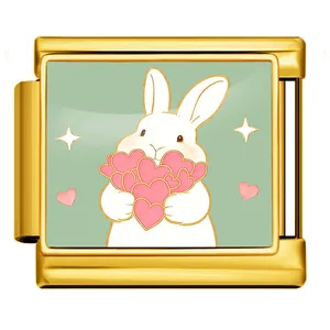 Charm modular italiano de acero dorado con lindo conejo y corazones