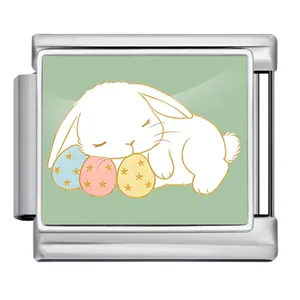 Eslabón de charm italiano de conejo de Pascua en acero inoxidable con conejo durmiendo