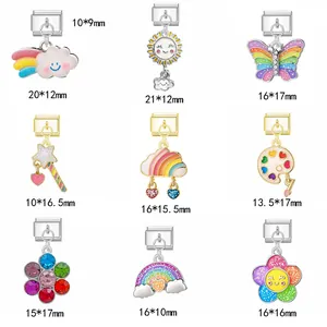 Detailed view of colorful cartoon charms for Italian link bracelets showing dimensions.