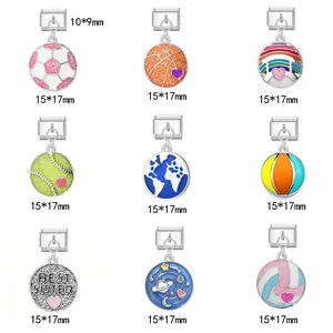 Close-up details of various Italian modular charms with sports, globe, and galaxy patterns