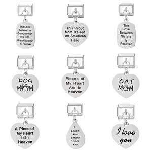 Engraved stainless steel heart and oval Italian charms with family and pet themed messages
