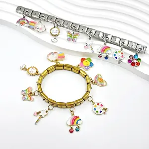 Detailed close-up showing colorful enamel charms and links of Italian modular bracelets