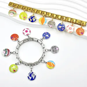 Detailed macro view of an Italian modular charm bracelet featuring colorful sports charms