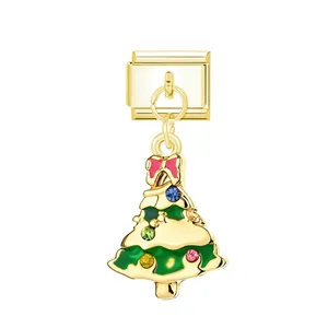 Weihnachtsbaum-Anhänger für italienisches Modularmband in Gold mit Emaille und Steinen