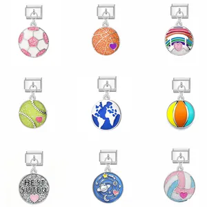 Alloy Italian Charm Link Modular Bracelet DIY Sports Football Basketball Volleyball Planet Earth Pattern Enamel Charms