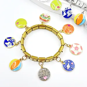 Gold-plated Italian modular charm bracelet with colorful sports and sister theme enamel charms