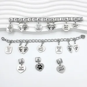 Engraved stainless steel modular Italian link bracelet with heart-shaped family charms