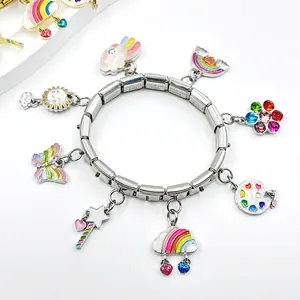 Italian style cartoon charm modular bracelet with rainbow butterfly in stainless steel