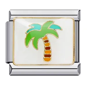 Detailed macro shot of a titanium steel Italian charm link with colorful palm tree design