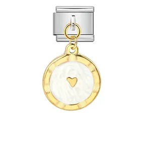 High quality Italian modular bracelet link with white enamel round gold heart charm