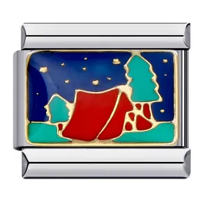 Detailed view of a stainless steel Italian charm featuring a colorful camping enamel design.