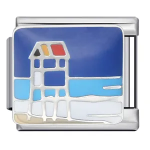 Maglia per bracciale italiano in acciaio inox con design a smalto di casetta sulla spiaggia.