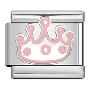 Stainless steel Italian modular charm link featuring a pink crown for DIY bracelet