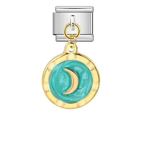 Italian charm modular link with gold crescent moon on teal enamel circular pendant