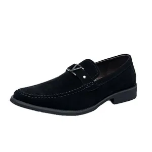 Classic men's black suede loafers with pointed toe and metal V-buckle for office wear