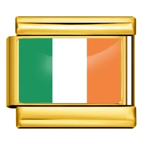 Italian modular bracelet charm link featuring the Ireland flag on a gold-plated base