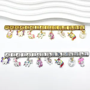 Pulsera modular italiana con dijes de unicornio coloridos y colgantes de dibujos DIY