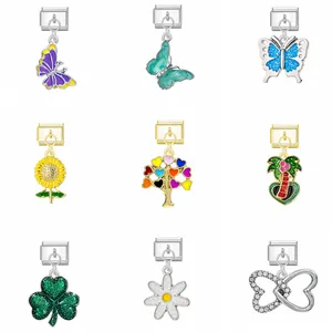 Italian Modular Bracelet Charm DIY Alloy Enamel Butterfly Sunflower Daisy Palm Tree Pendant Stainless Steel Jewelry Link
