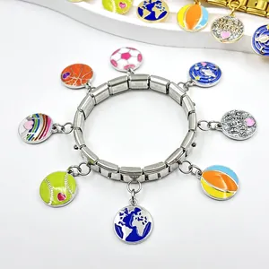 Customizable Italian modular charm bracelet with colorful sports themed pendants.