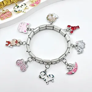 Stainless steel Italian modular charm bracelet featuring cute colorful animal pendants