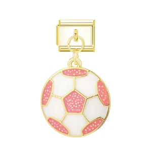 Gold Italian modular bracelet charm link featuring a pink glitter soccer ball pendant