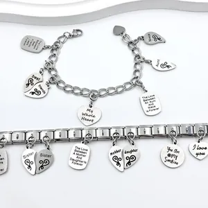 Custom engraved stainless steel heart pendants on Italian modular and chain bracelets