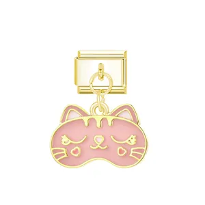 Charm tête de chat rose émaillé pour bracelet à maillons modulables italiens DIY