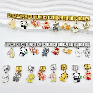 Detail of colorful enamel animal charms on Italian modular bracelet links.
