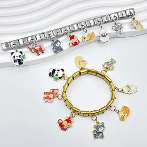 High-quality detail of Italian modular bracelets featuring various cute enamel animal charms.