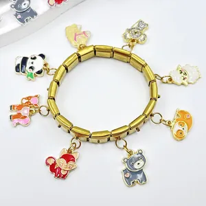 Gold Italian modular bracelet featuring colorful oil-drop animal charms in stainless steel