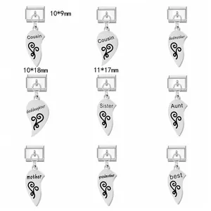 Detailed view of stainless steel Italian charm bracelet links with family engravings