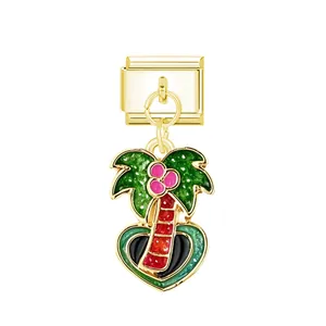 Detailed view of Italian charm pendant with colorful coconut tree enamel design