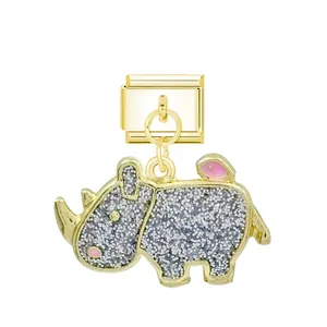 Charm animal rhinocéros pailleté pour bracelets modulaires italiens finition dorée dorée