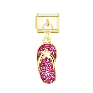 Italian style gold stainless steel modular charm with pink glitter flip-flop pendant