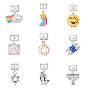 Italian Charm Eslabones Modulares Plata Antigua Menorah Estrella de David Aleación Goteo de Aceite Colgante Joyería DIY Accesorios
