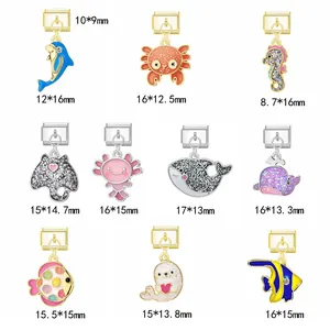 Detailed dimensions and views of various glitter ocean animal charms for DIY modular bracelets